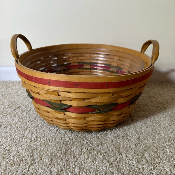 Longaberger Round Woven Basket with Red and Green Accents & Handles - Picture 1 of 10